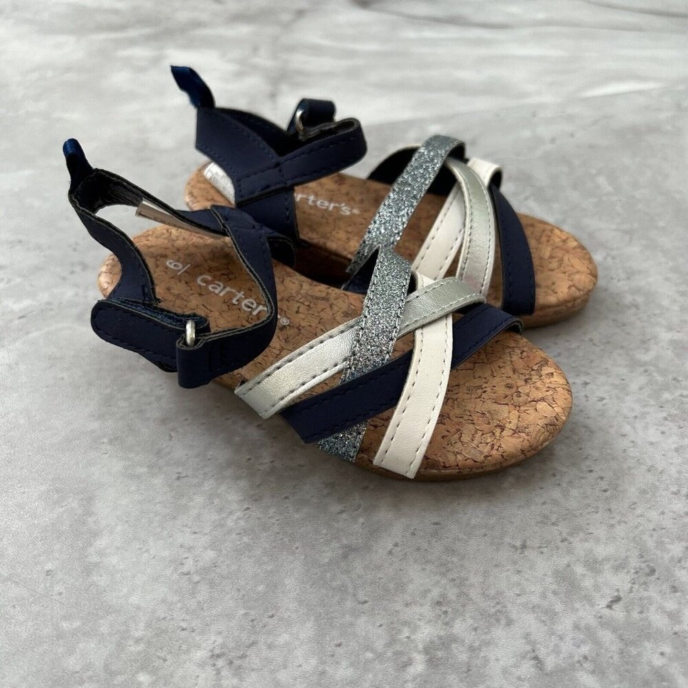 Carter's Toddler Girl's Size 6 Cork Wedge Navy Strappy‎ Glitter Blue and White